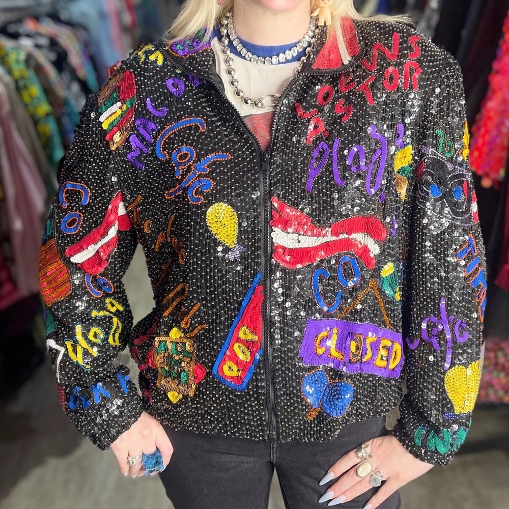 MAPLE Rare Vintage 90s Sequin Time Square Bomber Jacket with Pure Silk Lining
